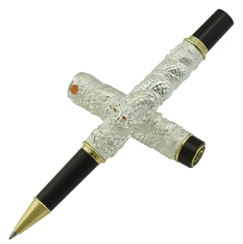 Jinhao Vintage Lüks tükenmez kalem Gümüş Küçük Çift Ejderha Oynayan İnci, Metal Oyma Kabartma Ağır Koleksiyonu Kalem
