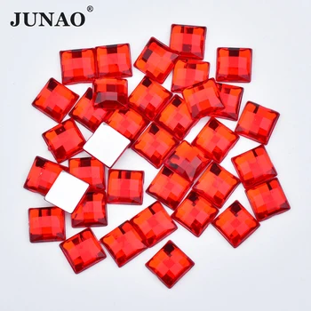 JUNAO 8 10 12 14 16mm Kırmızı Renk Kare Düz Geri Rhinestones Aplike Olmayan Sıcak Düzeltme Akrilik Taşlar Ve Kristaller Giysi için