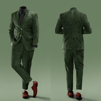 Kadife Yeşil Erkek Takım Elbise Özel 2 Adet Blazer Pantolon Tek Göğüslü Slim Fit Resmi İş Rahat Parti Ev Sahibi Özel