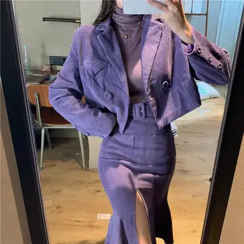Kadın Iki parçalı Mor Elbise setleri Rahat Uzun Kollu Blazer + Bölünmüş Trompet Etek Ofis Bayan Bahar sonbahar katı Takım Elbise Ceket Ceket
