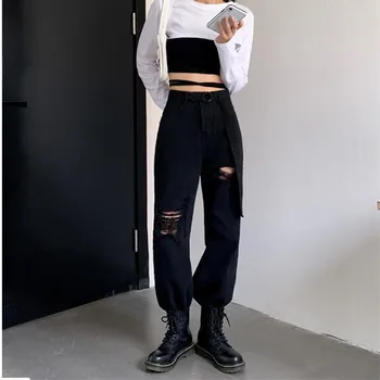 Kadın Kot Yırtık Yüksek Bel Elbise Geniş Bacak Denim Giyim Streetwear Vintage Kalite 2021 Moda Harajuku düz pantolon