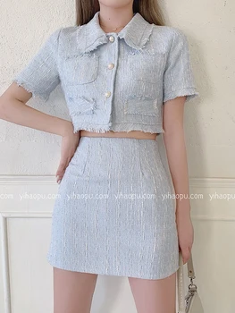 Kadın Tatlı İki Adet Etek Takım Elbise Yaz Şık Kısa Kollu Tek Göğüslü Kırpma Üst + Mini Etek Bayan Streetwear elbise Seti