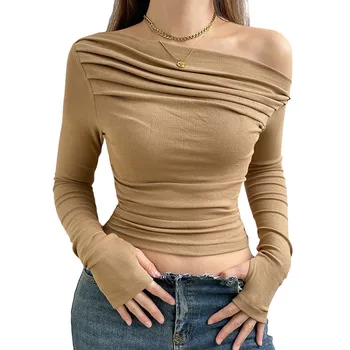 Kadınlar Uzun Kollu T-shirt Kırpma Üstleri Bahar Sonbahar Giysileri Rahat Düz Renk Düzensiz Dantelli Off-omuz Üstleri Streetwear Kulübü