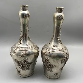 Koleksiyon 1 Çift Eski Tibet Gümüş El Yapımı Çiçek Vazo, ev Dekorasyon Çin Antika Şişe Metal Sanatları
