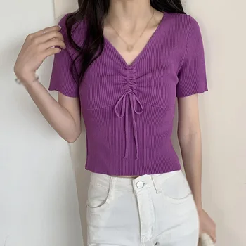 Kore kadın katı v yaka T-Shirt yaz moda rahat ince örme kısa kollu üst