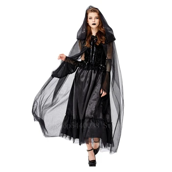 Korkunç Vampir Cadı Cosplay Kostüm Cadılar Bayramı Karnaval Parti Kadın Masquerade Korku Siyah Dantel Fantezi Pelerin Gotik Elbise Hayalet