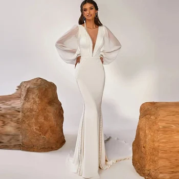 KRALİÇE GELİN Zarif Derin V Yaka Mermaid düğün elbisesi 2023 Seksi Uzun Şifon Kollu Tren Backless Vestido De Noiva