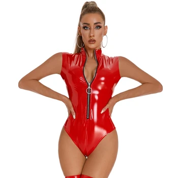 Kırmızı Erotik Seksi Kolsuz Lateks Bodysuit Kadın Halka Şeklindeki Fermuar PVC Faux Deri Catsuit Wetlook Lingerie Kostüm