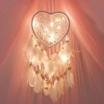 Kız kalp Dream Catcher ulusal tüy süsler dantel kurdela tüyler sarılmış ışıkları kız odası dekor Dreamcatcher