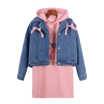 Kız Moda Denim Giyim Seti Bahar Sonbahar çocuk Rahat Kot Ceket + Uzun Kapüşonlu Sweatshirt 2 Adet Set Çocuk Giysileri B71