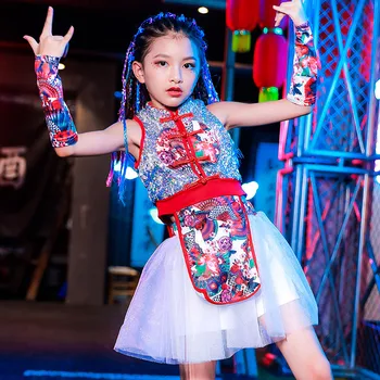 Kızlar Caz Elbise Çin Tarzı Modern Dans Giyim Çocuklar HipHop Pullu Üstleri Iplik Etek Sokak Dans Performansı Giyim DQL4604