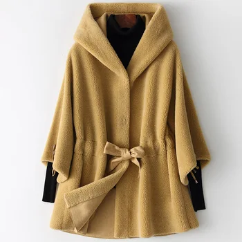 Kış Moda Kaşmir yün paltolar Orta uzunlukta Kapşonlu İnce Yay İpli Batwing Kollu Kadın Bej Paltolar Ceket Ofis Bayan