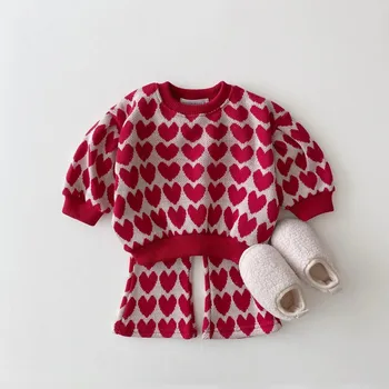Kış Toddler Bebek Kız Giysileri Setleri 2 adet Örme Kazak Tops+Alevlendi Pantolon Çocuk Güzel Desen Kıyafetler Kızlar İçin örgü elbise