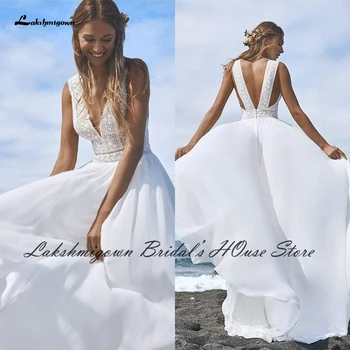 Lakshmigown Seksi Gelin Boho düğün elbisesi Plaj Yaz 2022 Boda Dalma Backless Sivil Kadın Bir Çizgi düğün elbisesi es