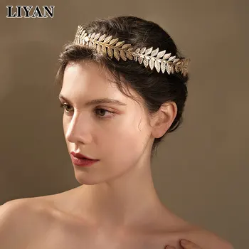 LIYAN Gelin Düğün Headdress Gelinler Saç Takı Aksesuarları Yuvarlak saç bandı Barok Vintage Altın Zeytin yaprakları Tiaras Taçlar