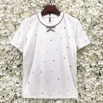 Lüks Beyaz O-Boyun Parlak Yanıp Sönen Yusufçuk Taklidi Kısa Kollu Düz Renk Ofis Bayan T-Shirt Kadın Marka Giyim