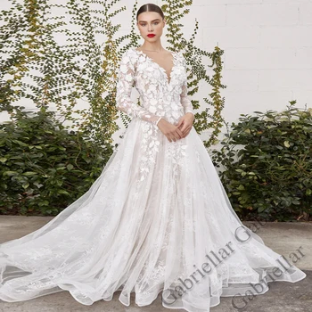 Lüks düğün elbisesi PrincessBackless Zarif Aplikler V Yaka Tam Kollu Dantel Paspas Elbisesi Vestido De Novia 2022 Kadın