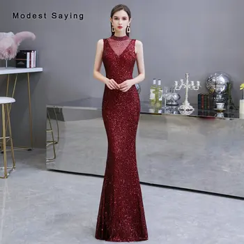Lüks Parlak Şarap Kırmızı Mermaid Yüksek Boyun Payetli Abiye 2020 Moda Seksi Boncuklu Parti Balo elbisesi robe de soiree