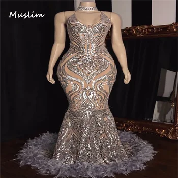 Lüks Pullu Mermaid balo kıyafetleri Tüy İle Seksi Halter Boyun Siyah Kızlar Aso Ebi Abiye giyim 2022 Glitter Resmi Elbise