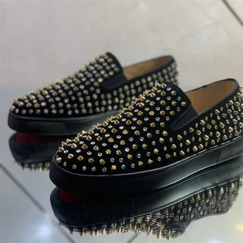 Lüks Tasarımcı Düşük Üst Siyah Deri Parlayan Elmas Kırmızı Alt Ayakkabı Erkekler İçin Casual Flats Sneaker Kadınlar Düğün Loafer'lar Sivri
