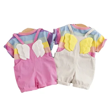 Moda Bebek Kız Giysileri Toddler Renk Çizgili T Shirt Önlük Şort 2 adet / takım Çocuk Konfeksiyon Bebek Kostüm Çocuk Rahat Eşofman