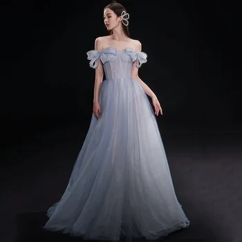 Moda Kapalı Omuz Abiye Açık Mavi Straplez İnci Yay Tatlı Düğün Parti Gonws Zarif Kadınlar İçin