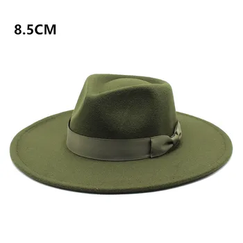 Moda Klasik Ordu Yeşil Yün Karışımı Fedora Şapka Ağız Düz Kilise Kış Sonbahar Rahat Şapka Panama Caz Kap Fötr Kap toptan
