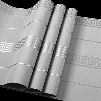 Modern Kendinden Yapışkanlı Gümüş Gri Geometrik Duvar Kağıdı Otel Çalışma Arka Plan Duvar Kağıdı Kabuğu ve Sopa Yunan Anahtar Kafes Duvar Kağıdı