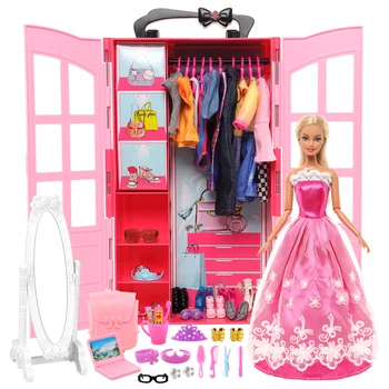 Noel doğum günü hediyesi Dollhouse Mobilya 110 ürün=1 Gardırop + 109 Aksesuarları Ayakkabı Dantel Elbise Barbie için Giysi