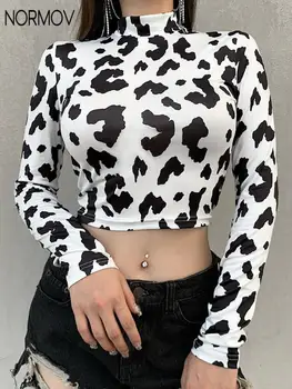 NORMOV Moda Inek Leopar T Shirt Kadın Uzun Kollu Sıkı Sonbahar Üst Kadınlar Yuvarlak Boyun Push Up Casual Kısa Tee Gömlek Yeni