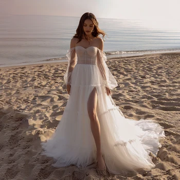 Off-Omuz Aç Geri düğün elbisesi A-Line Uzun Kollu Ülke Boho Pileli Prenses Gelin Kıyafeti Robe De Mariée gelinlik