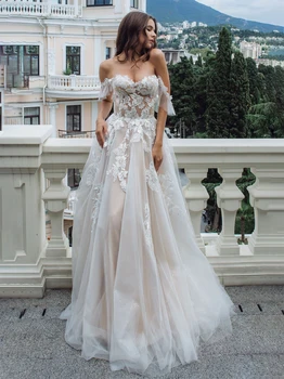 Off-Omuz Sevgiliye düğün elbisesi Kısa Kollu Gelin Kıyafeti Dantel Aplike Tül Custom Made Robe De Mariée gelinlik