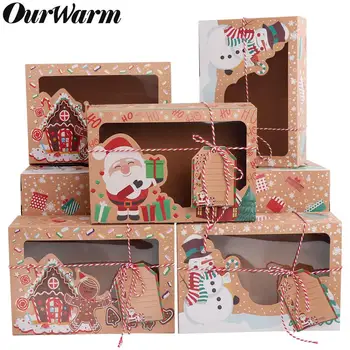 OurWarm 12/24 pcs Kraft Kağıt Noel Çerez Hediye Kutuları ile Temizle Pencere 22*15*7 cm Yeni Yıl Iyilik Kutuları için Çerezler Davranır