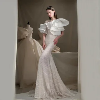 Paffas ışık düğün elbisesi 2023 Yeni Gelin Kapalı Omuz Backless Seksi Retro Fishtail Basit Atmosfer Zarif Parti Elbise