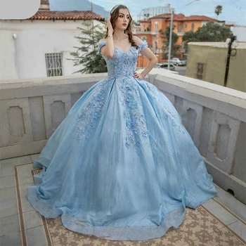 Parlak Mavi Sequins balo kıyafetleri Kapalı Omuz 3D Çiçek Boncuk V Boyun Balo Lace Up gece elbisesi Özelleştirmek elbiseler de soiré