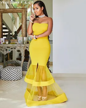 Parlak Sarı Balo Elbise Mermaid Kat Uzunluk Straplez Saten Bölünmüş Kolsuz Kadın Abiye платье 2021 فساتين السهرة