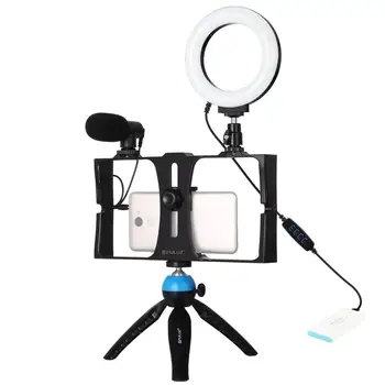 PULUZ 4 in 1 Vlog Canlı Yayın Smartphone Video Rig + 4.7 inç 12cm Halka LED selfi ışığı Kitleri için Mikrofon ile telefon