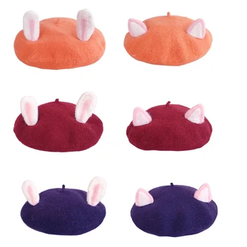Rahat Kedi / Tavşan Kulak Bere Düz Renk Yün Ressam Şapka Sevimli Ressam Şapka Sekizgen Şapka Soğuk Açık Hava Etkinlikleri
