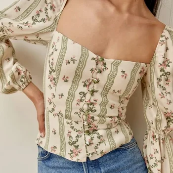 Retro Mizaç Kare Yaka Fener Kollu Çizgili Çiçek Kısa Üst Baskı Düğmesi T-shirt Şık Uzun kollu Moda Bayan