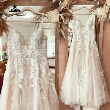 Roycebridal Bohemian düğün elbisesi Spagetti Sapanlar Dantel Aplike Bir Çizgi Boho gelinlik Custom Made vestido para boda playa