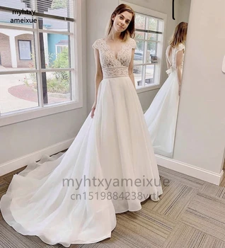 Seksi Custom Made Boho Uzun düğün elbisesi 2022 V Yaka Cap Sleeve Dantel Aplikler Backless gelin kıyafeti Vestidos De Noiva Artı Boyutu