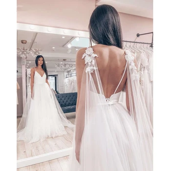 Seksi Spagetti Sapanlar Tül Etek Üst Saten Vestido De Novia Kolsuz V Yaka Boho Backless 2022 düğün elbisesi gelinlik