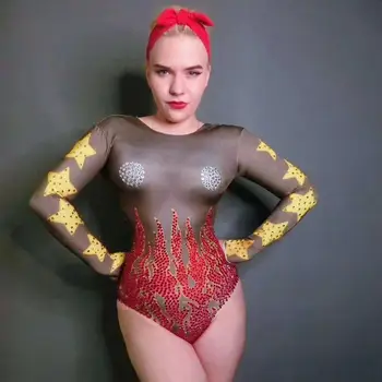 Seksi Yangın Desen Taşlar Leotard Kostüm Şarkıcı Seksi Rhinestones Bodysuit Gece Kulübü Kıyafet Parti Giyim Streç Kıyafet DN1563