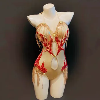 Seksi Yetişkin Kadın DJ Kutup Dans Kostüm Altın Kırmızı Sequins Backless Bodysuit Leotard Bar Gece Kulübü Sıkı Performans Sahne Giyim