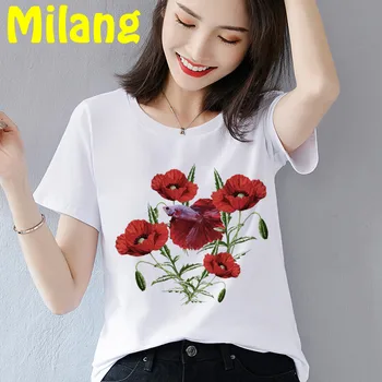 Sevimli Çiçek Lepistes Moda Mujer Camisetas Beyaz Üst T Shirt Estetik Grafik kısa kollu tişört Polyester kadın tişört