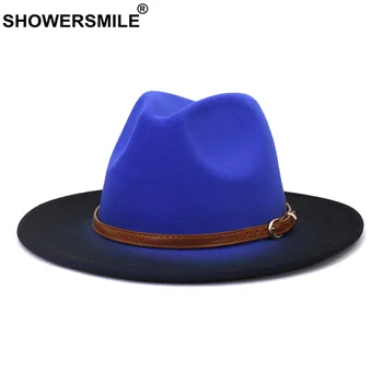 SHOWERSMILE Fedora Şapka Degrade Renk Şapka Kadınlar için Sonbahar Kış Geniş Ağız Caz Kapaklar İngiliz Vintage Panama Bayan dokulu şapka