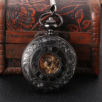 Siyah oyma Roma ölçekli mekanik büyük cep saati Yaratıcı retro hediye değeri zarif cep saati
