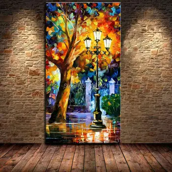 soyut parlak gece manzara tuval duvar sanatı Ağacı ve lampposts palet bıçağı yağlıboya sokak cornor manzara resim