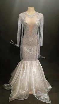 Sparkly Beyaz Kuyruk See Through Rhinestones Elbise kadın Akşam Doğum Günü Kutlamak Örgü Elbise Kostüm Dans Kıyafeti