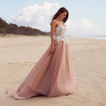 Straplez Fildişi Dantel Aplike Pembe A-line Plaj düğün elbisesi Moda Romantizm Tül Gelin Elbise Robe De Mariage